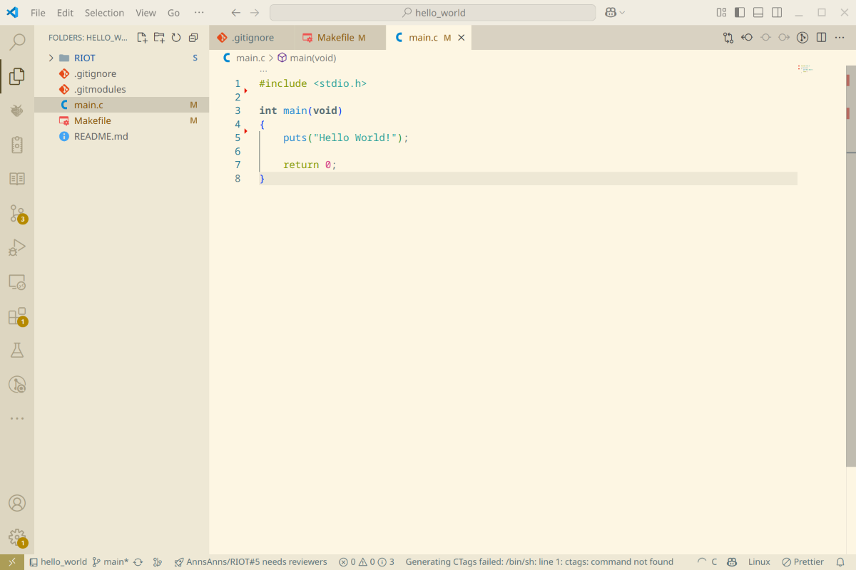 The hello world program in Visual Studio Code