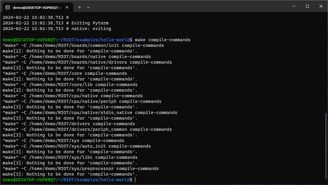 Ubuntu terminal running `make compile-commands` in the `hello-world` app