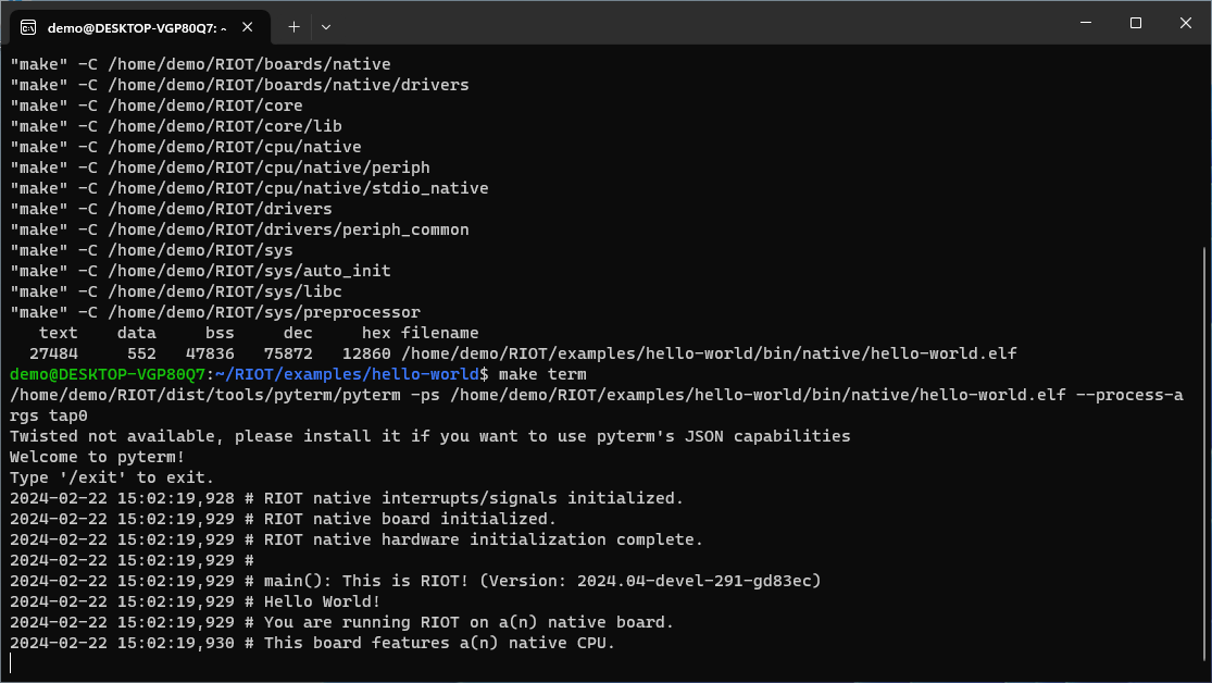 The `hello-world` app running on the virtual `native` board